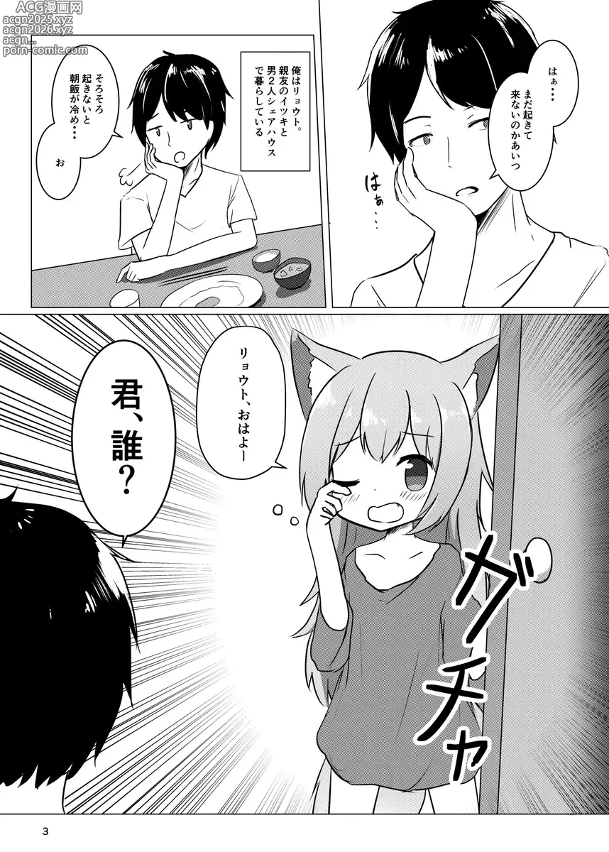 Page 2 of doujinshi dōshitsu no tomo ga asaokitara kemomimi musume ni natteta hanashi