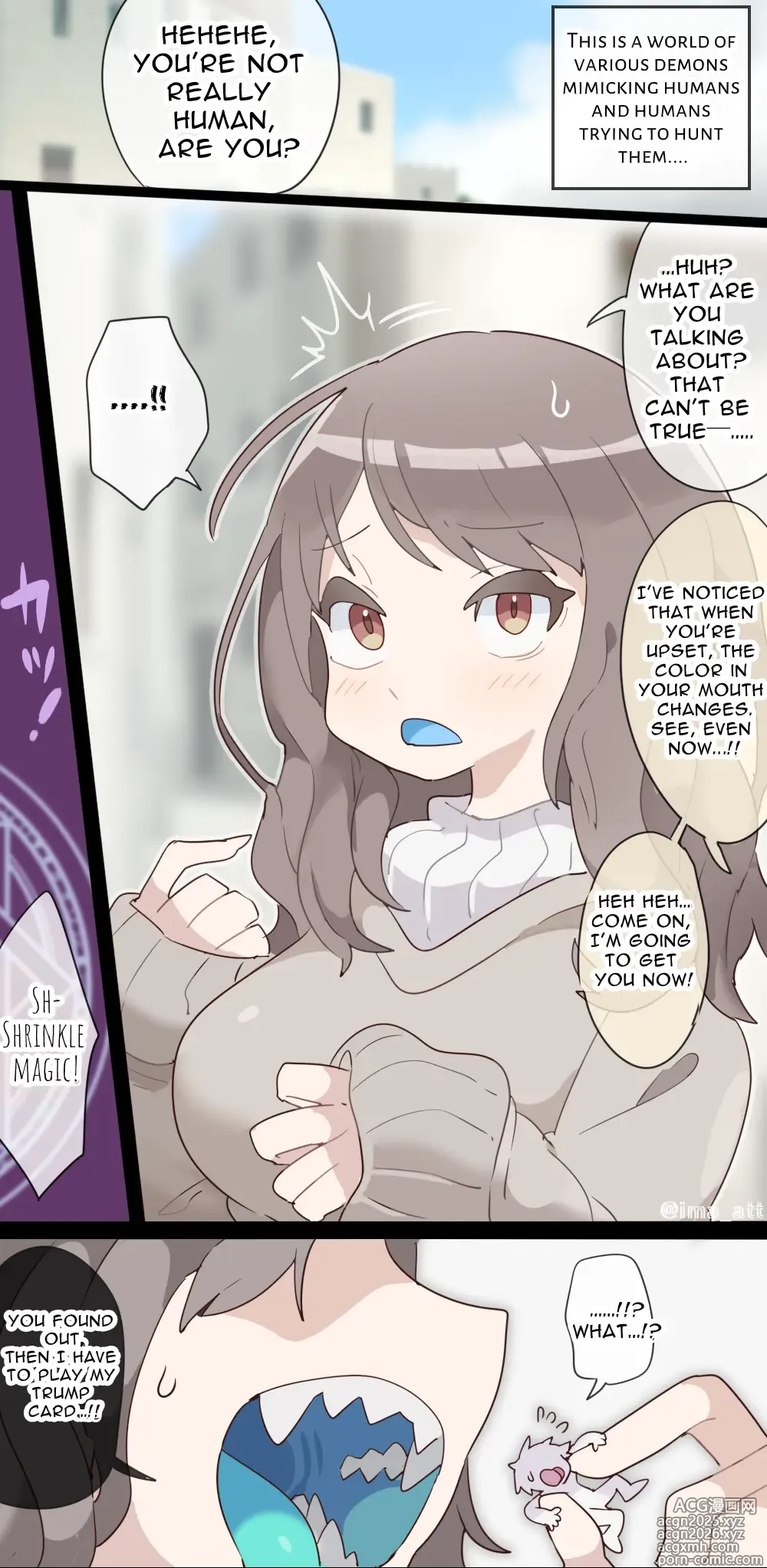 Page 1 of doujinshi A vore manga where you are shrunk by a girl with blue mucous membranes and then swallowed whole