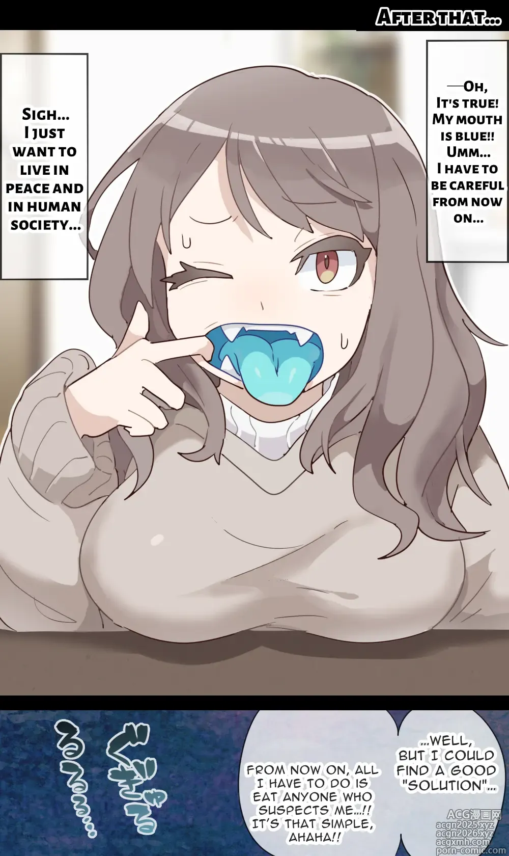 Page 5 of doujinshi A vore manga where you are shrunk by a girl with blue mucous membranes and then swallowed whole