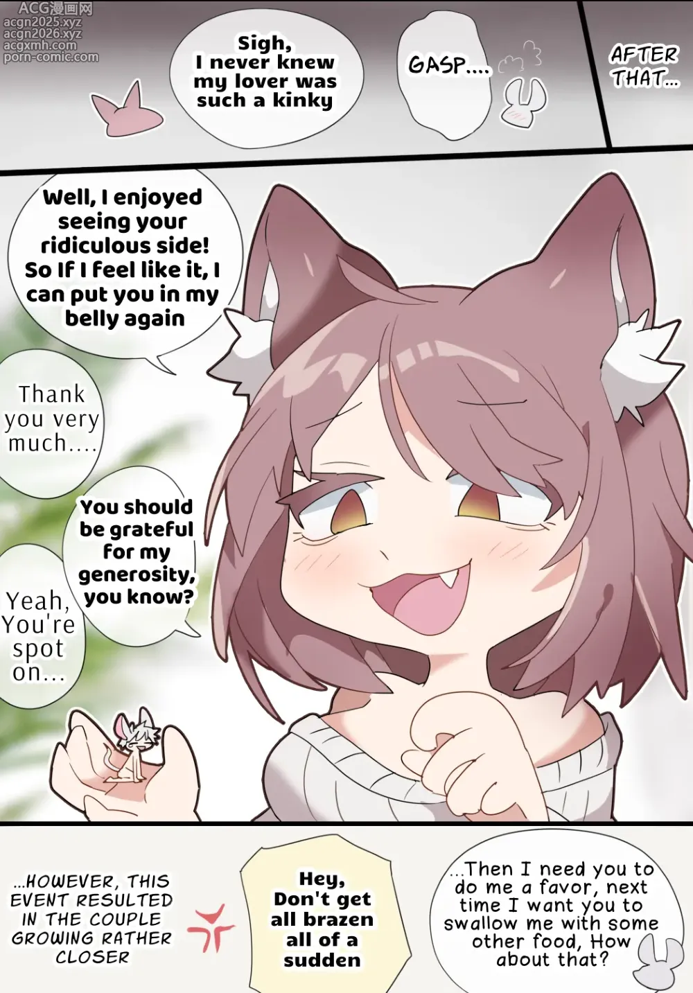 Page 5 of doujinshi A vore manga of a giant girl with animal ears swallowing her tiny lover whole while cursing him